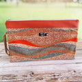 Pochette à main souple molletonnée simili cuir et  tissu wax orange- Fait main en France
