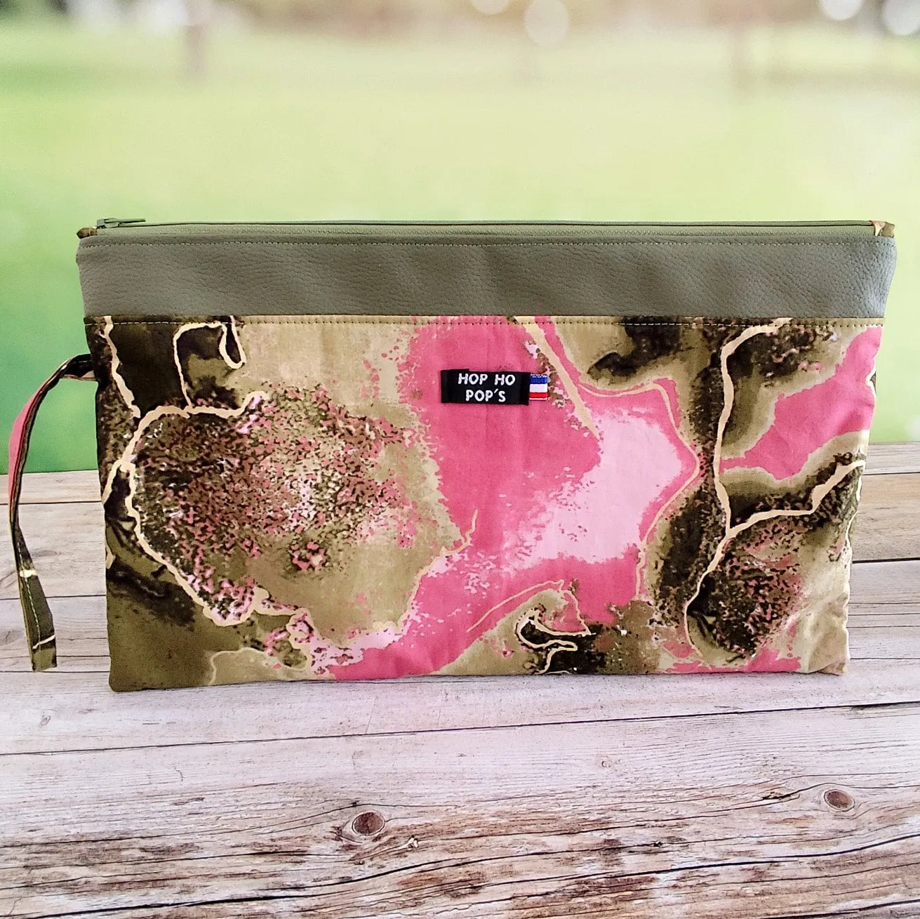 Pochette à main souple Femme - Wax kaki, rose et doré - Hop Ho Pop's