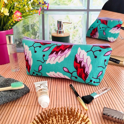 Grande trousse en tissu Wax verte avec motif de feuilles