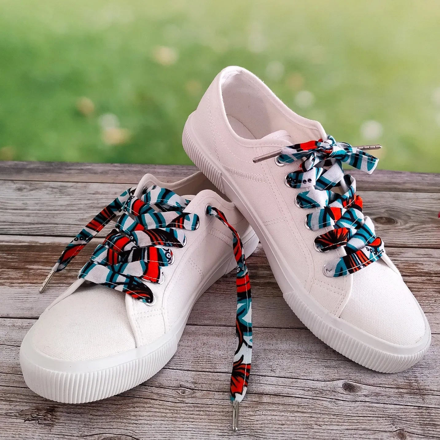 Lacets de chaussures en tissu Wax blanc vert et orange