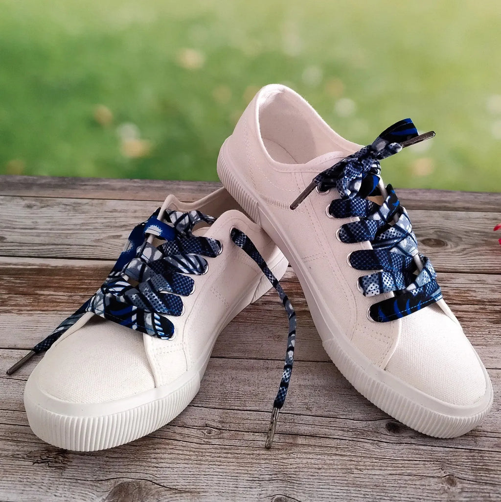 Lacets de chaussures en tissu Wax bleu gris et noir