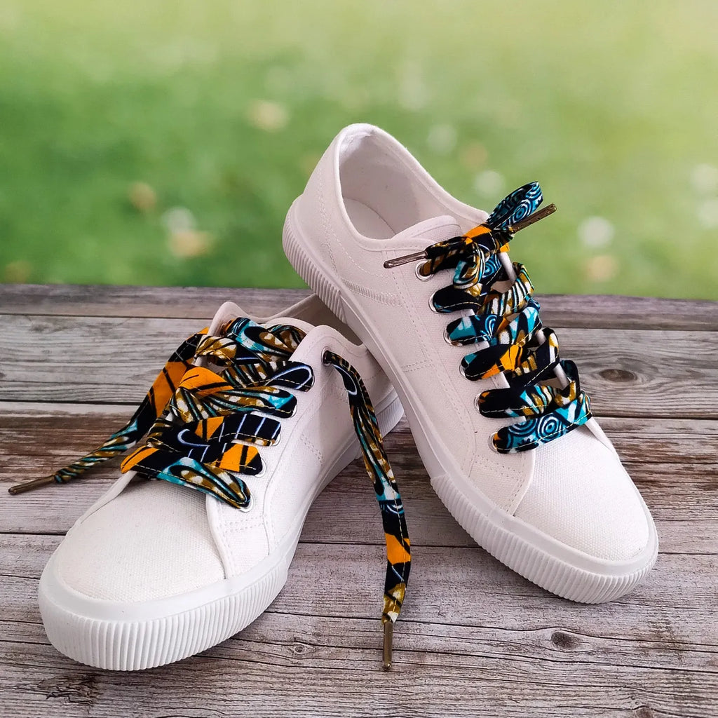 Lacets de chaussures en tissu Wax jaune et bleu