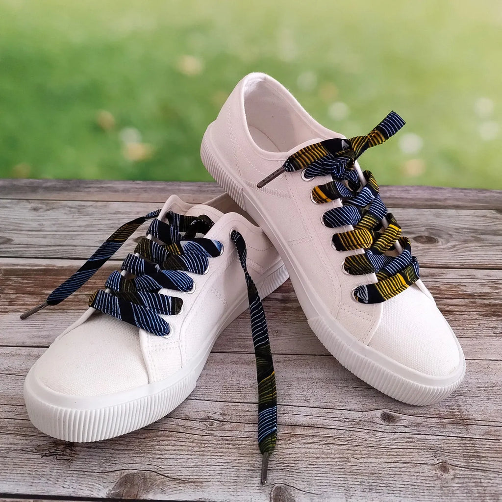 Lacets de chaussures en tissu Wax noir jaune et blanc