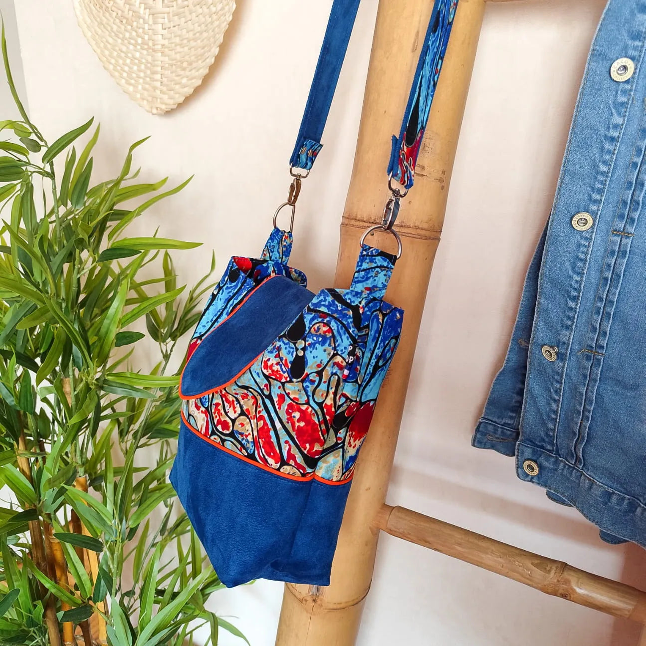 Mini Sac bleu & orange à bandoulières - Suédine et tissu Wax