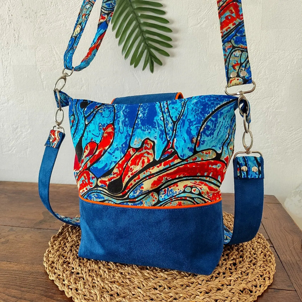 Mini Sac bleu & orange à bandoulières - Suédine et tissu Wax