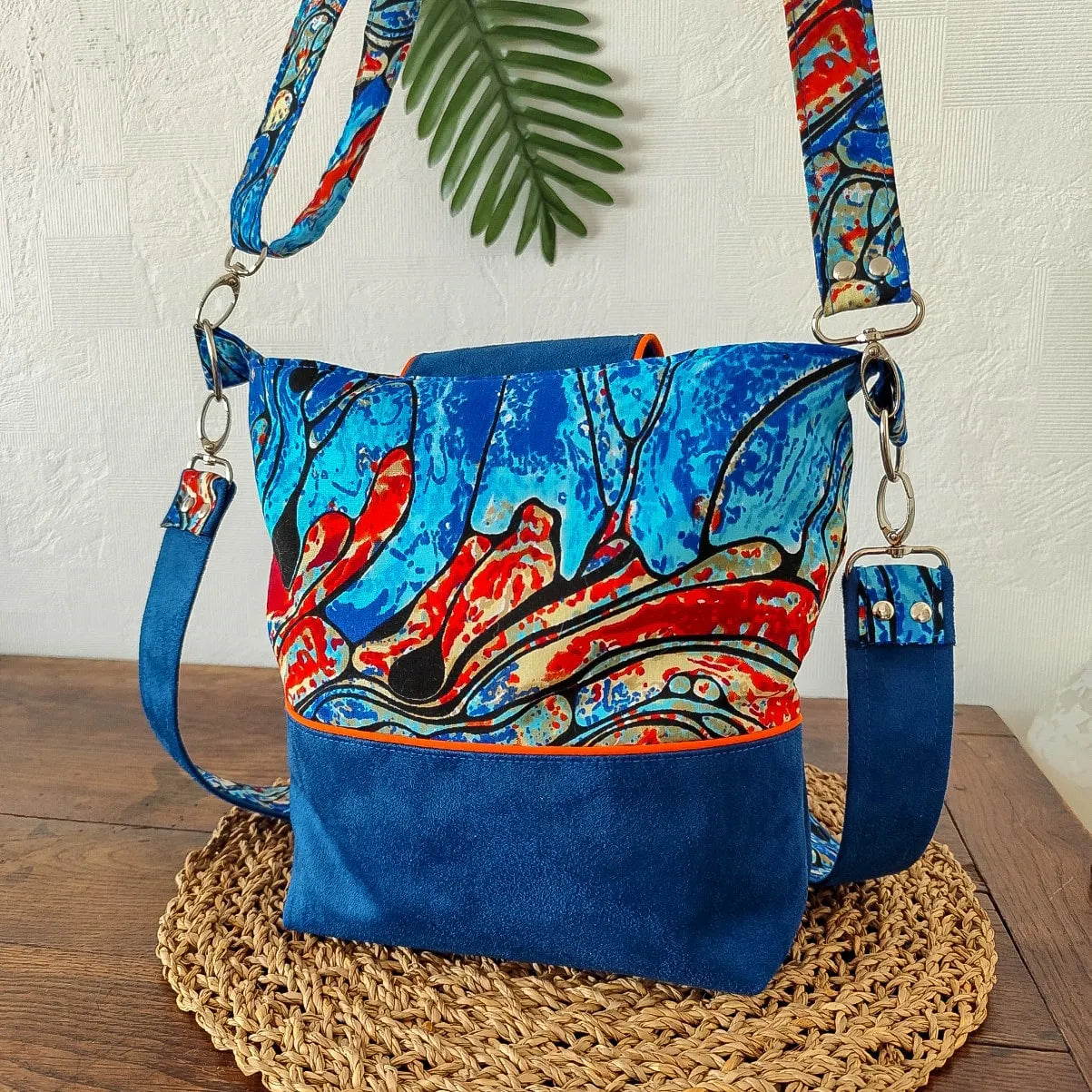 Mini Sac bleu & orange à bandoulières - Suédine et tissu Wax