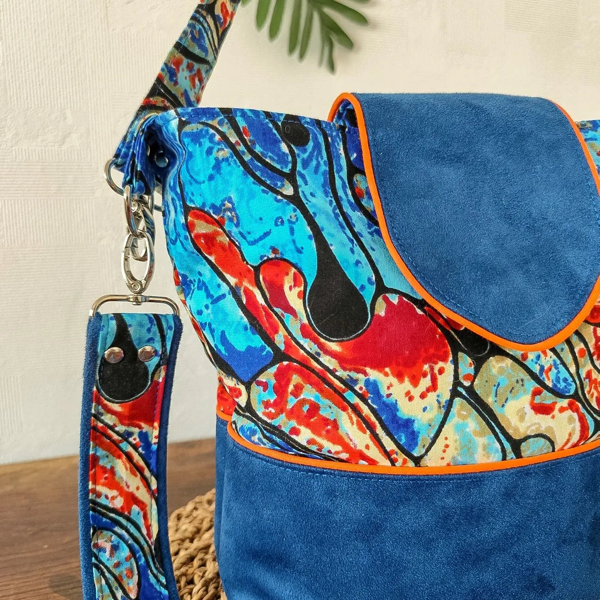 Mini Sac bleu & orange à bandoulières - Suédine et tissu Wax