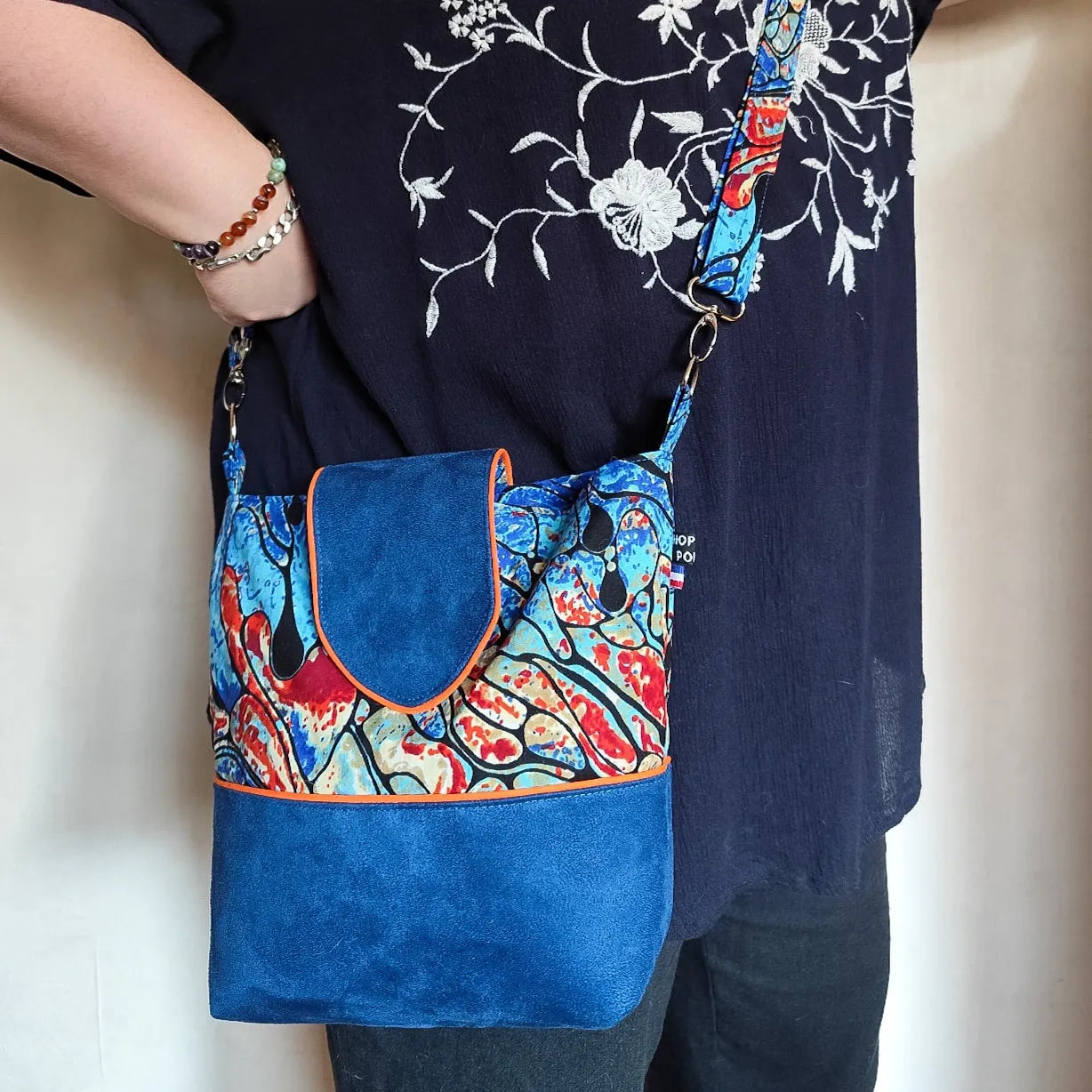 Mini Sac bleu & orange à bandoulières - Suédine et tissu Wax