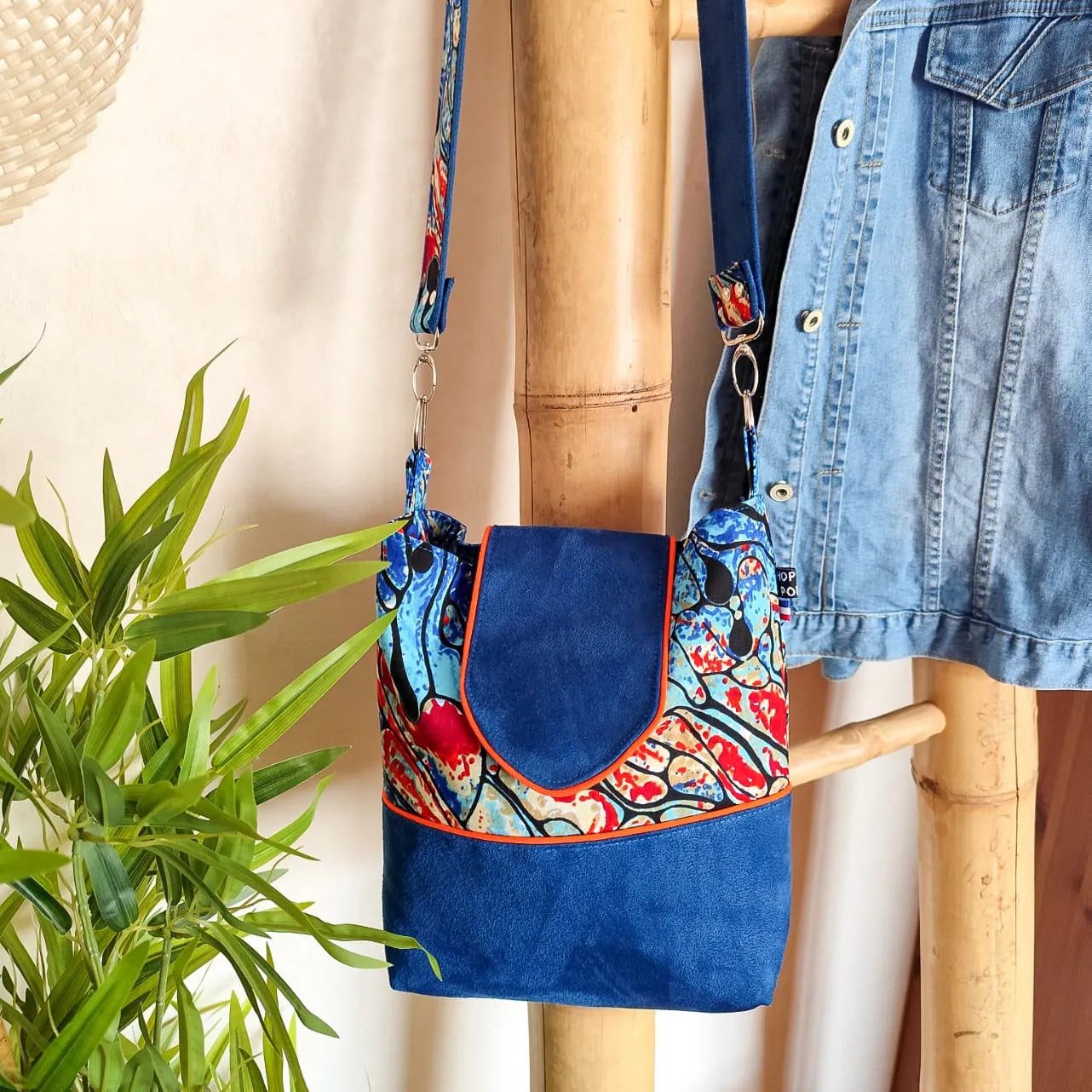 Mini Sac bleu & orange à bandoulières - Suédine et tissu Wax