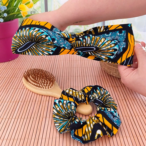 Bandeau pour cheveux en tissu Wax jaune et bleu