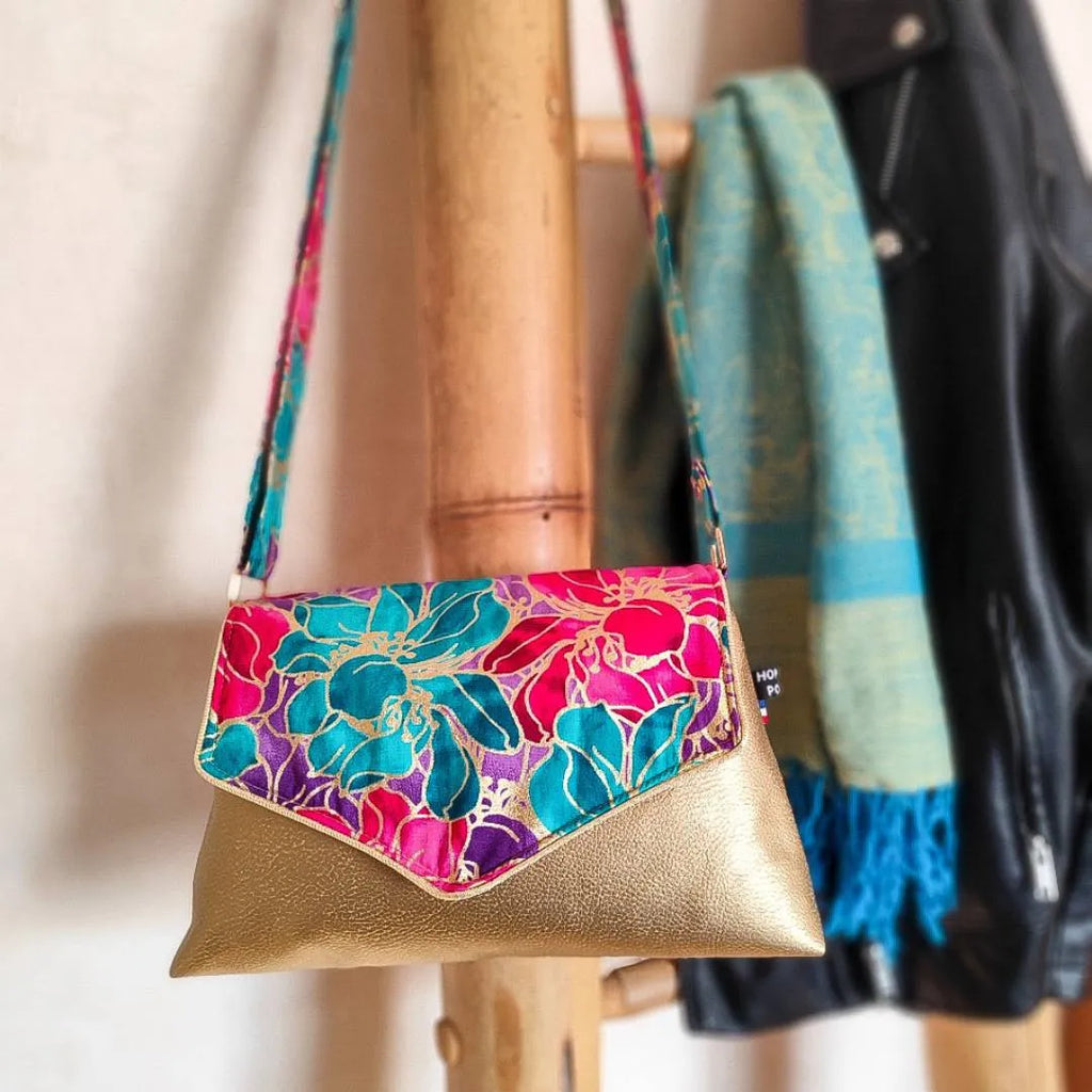 Sac à main doré et tissu Wax rose bleu - Hop Ho Pop's