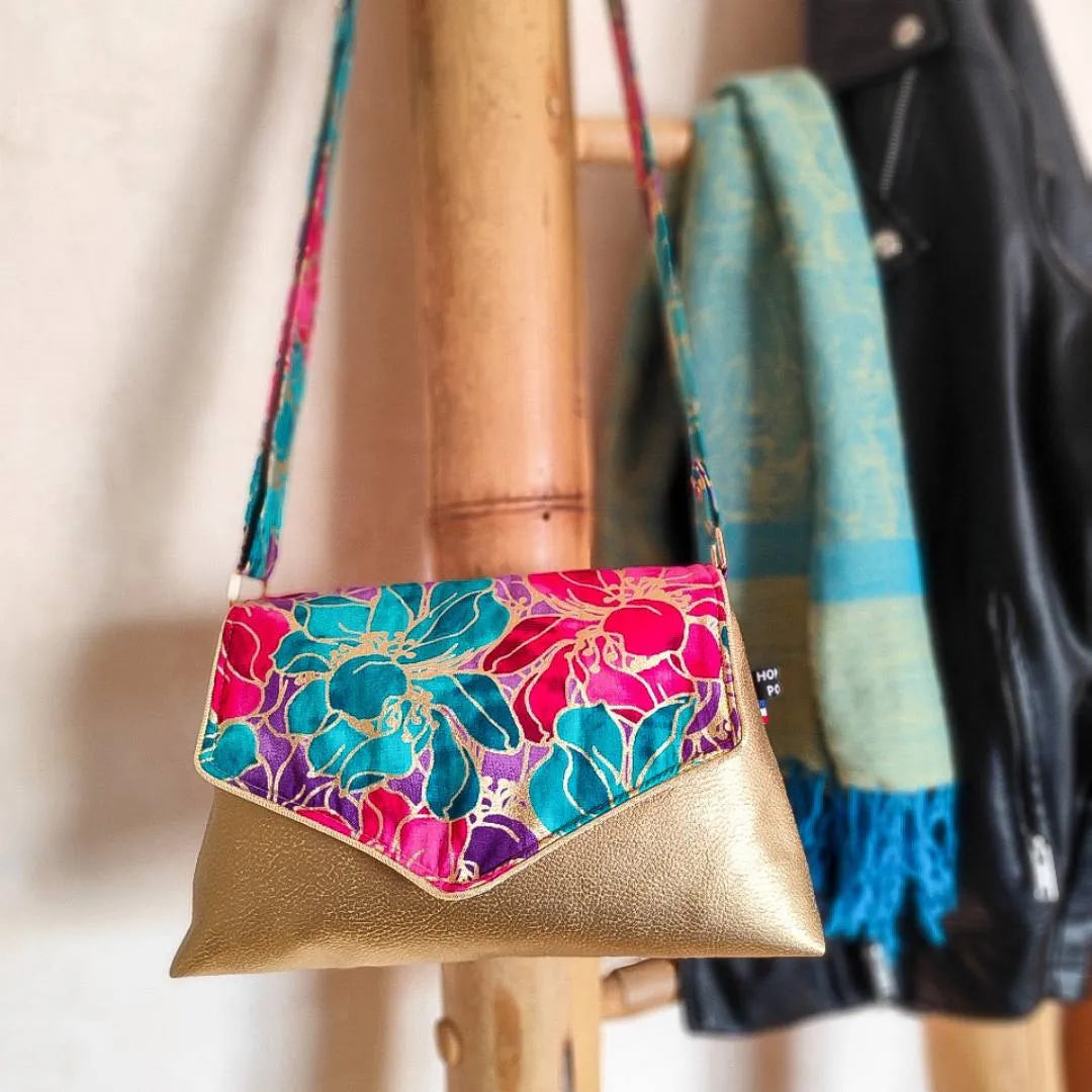 Sac à main doré et tissu Wax rose bleu - Hop Ho Pop's