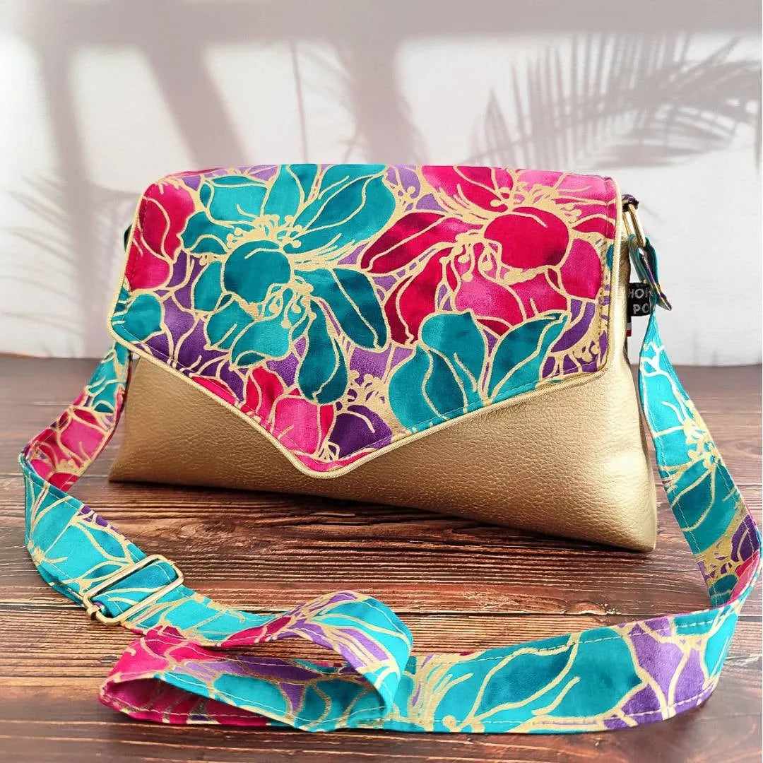 Sac à main doré et tissu Wax rose bleu - Hop Ho Pop's