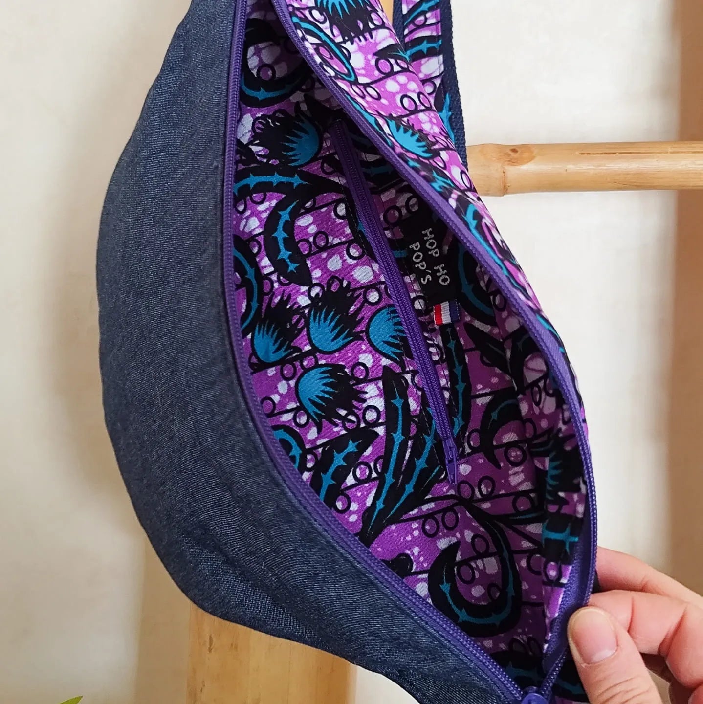 Sac Banane XL en Denim et tissu Wax violet