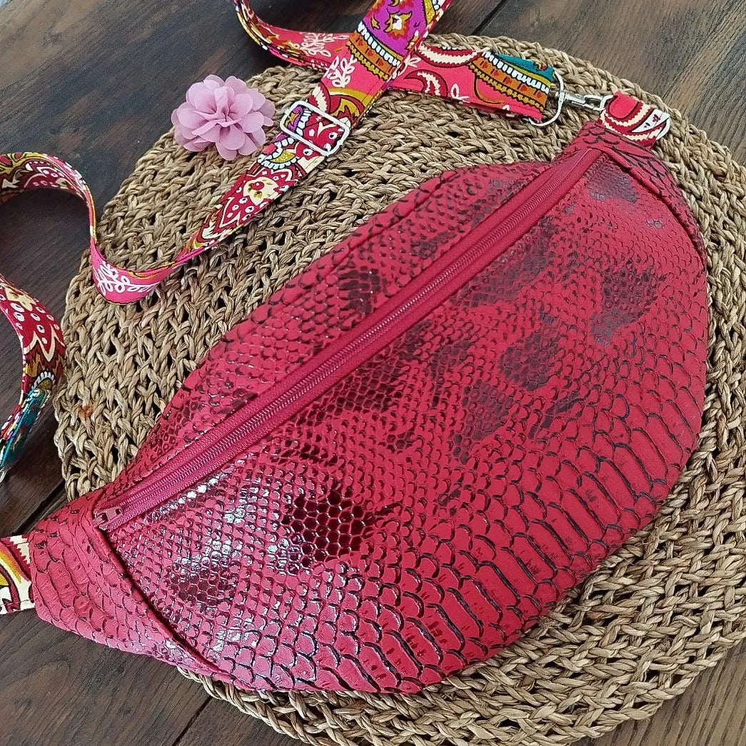 Sac Banane Rose - Simili cuir croco et tissu Wax