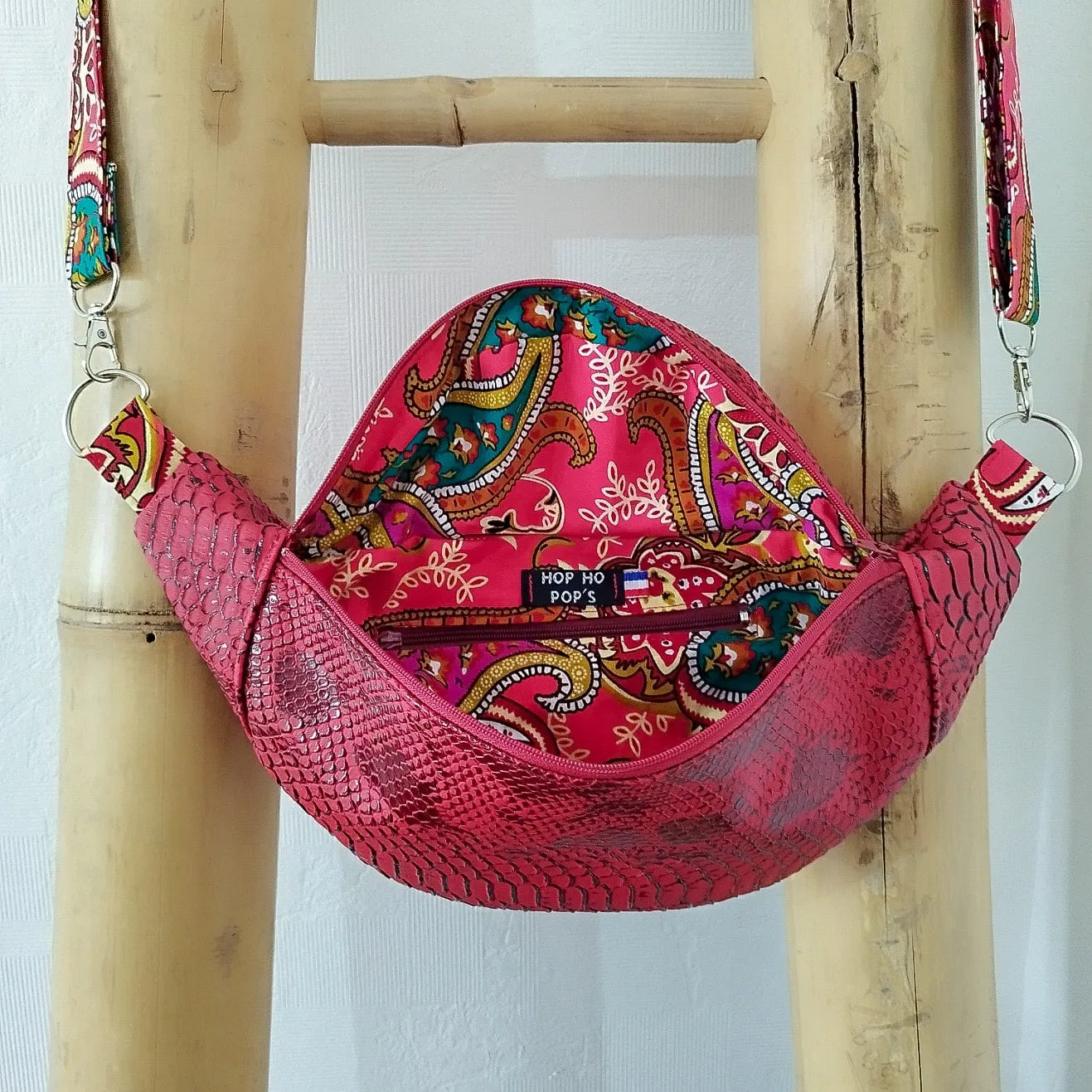 Sac Banane Rose - Simili cuir croco et tissu Wax