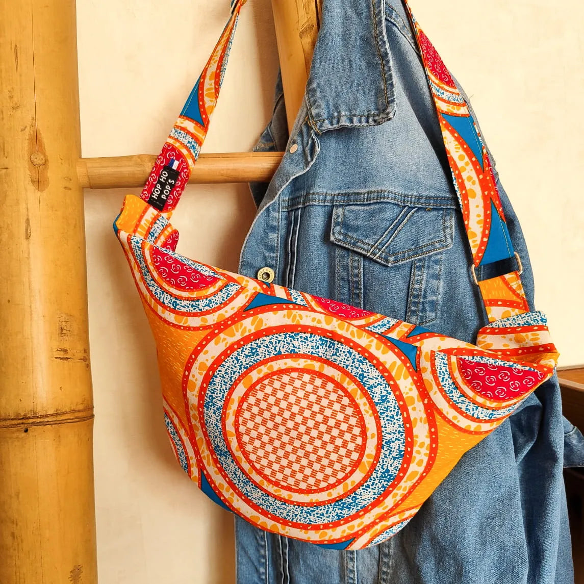 Sac Banane XL en tissu Wax orange, bleu et rose - Fait main