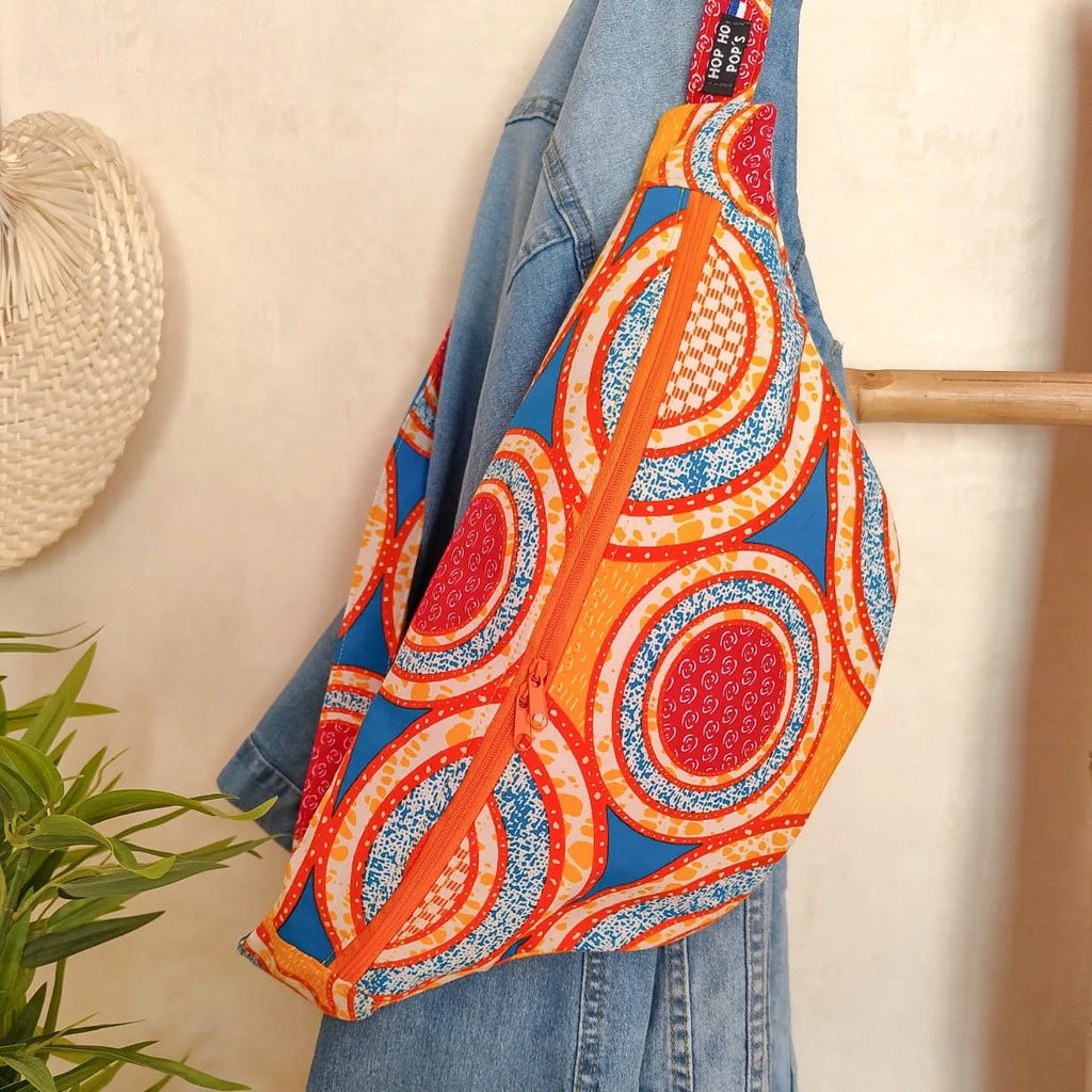 Sac Banane XL en tissu Wax orange, bleu et rose - Fait main