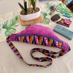 Sac banane en velours côtelé violet et tissu wax noir orange et rose