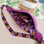 Intérieur sac banane en velours côtelé violet et tissu wax noir orange et rose