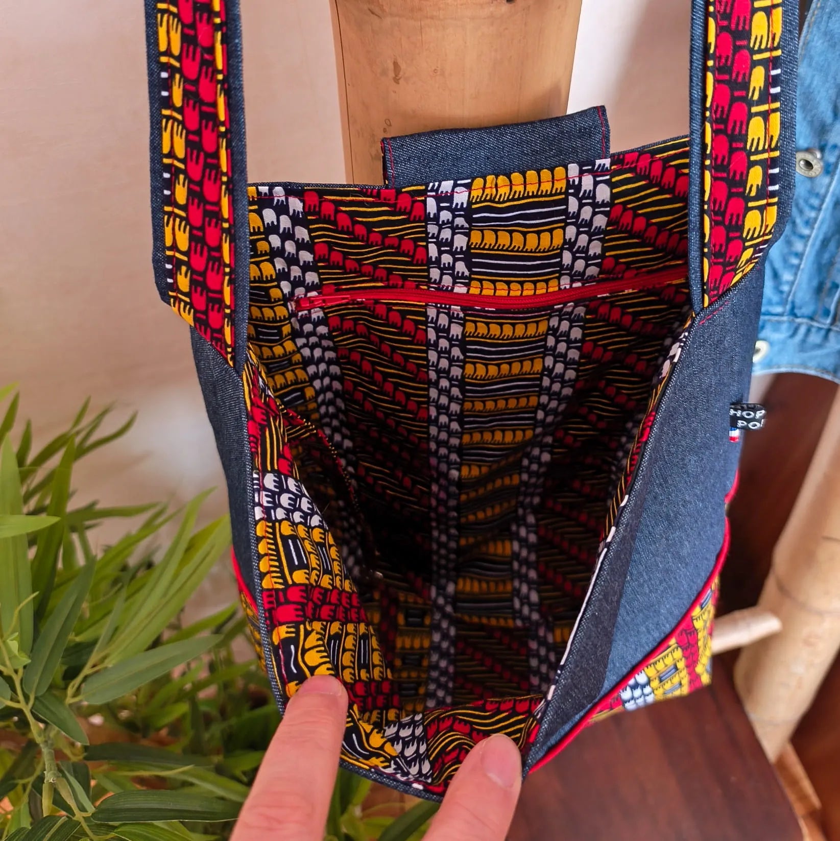 Sac bandoulière Denim et tissu Wax - Fait main