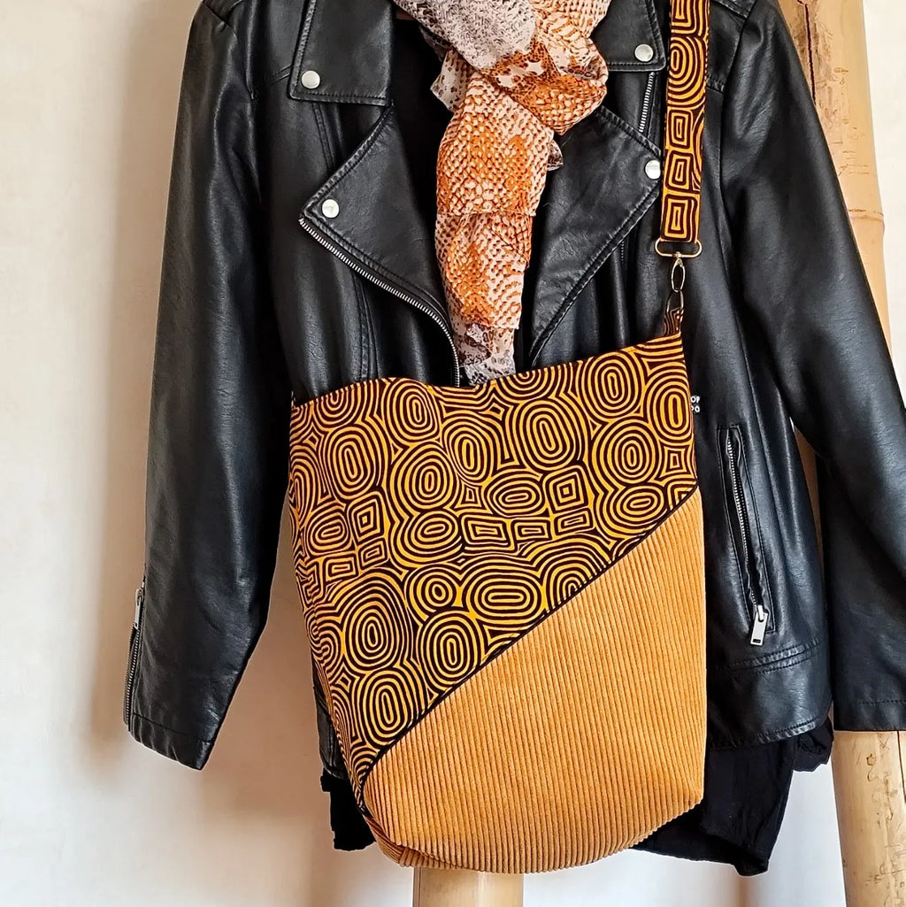 Sac bandouliere jaune - Velours côtelé et tissu Wax