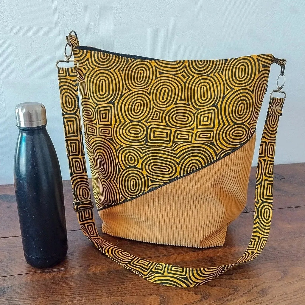 Sac bandouliere jaune - Velours côtelé et tissu Wax