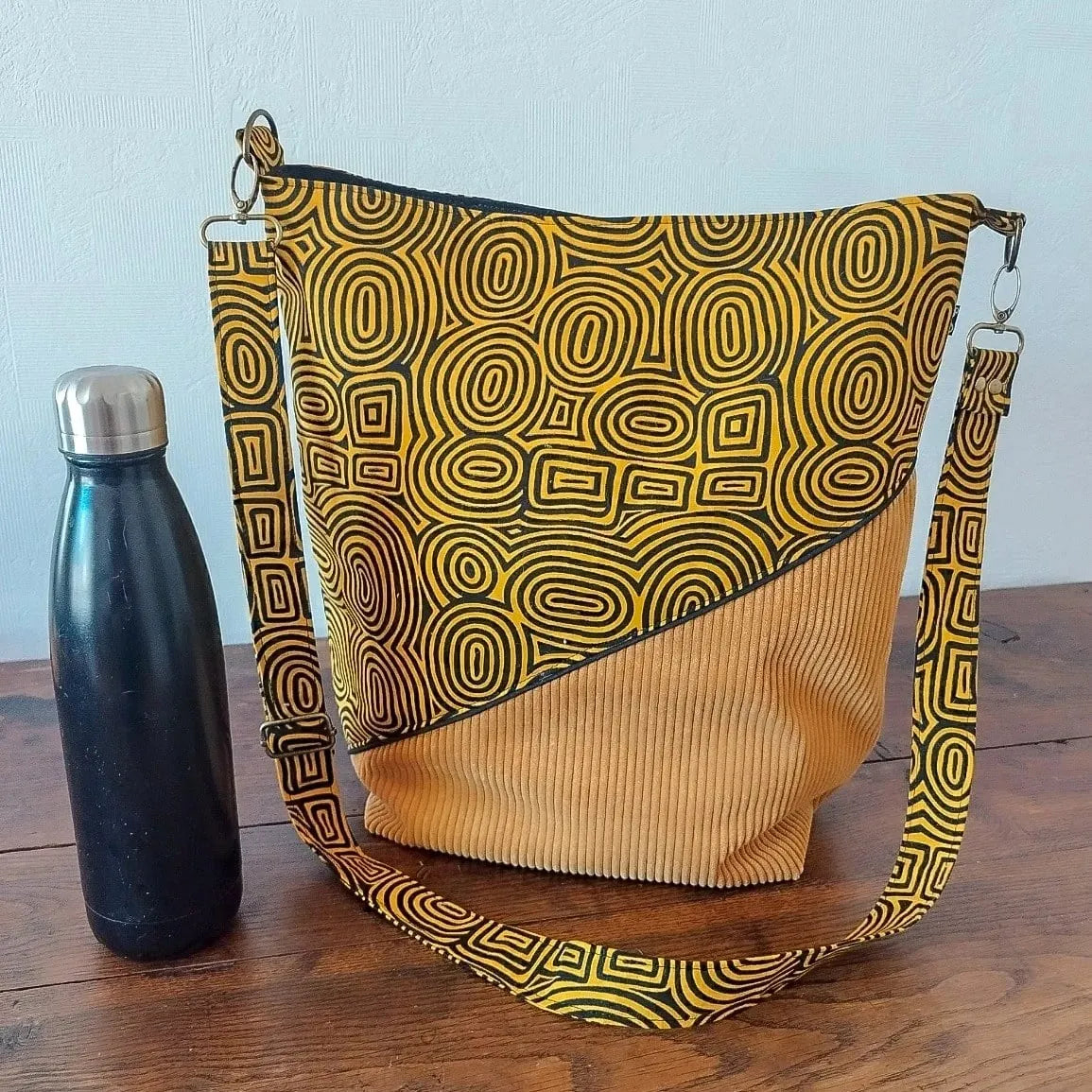 Sac bandouliere jaune - Velours côtelé et tissu Wax