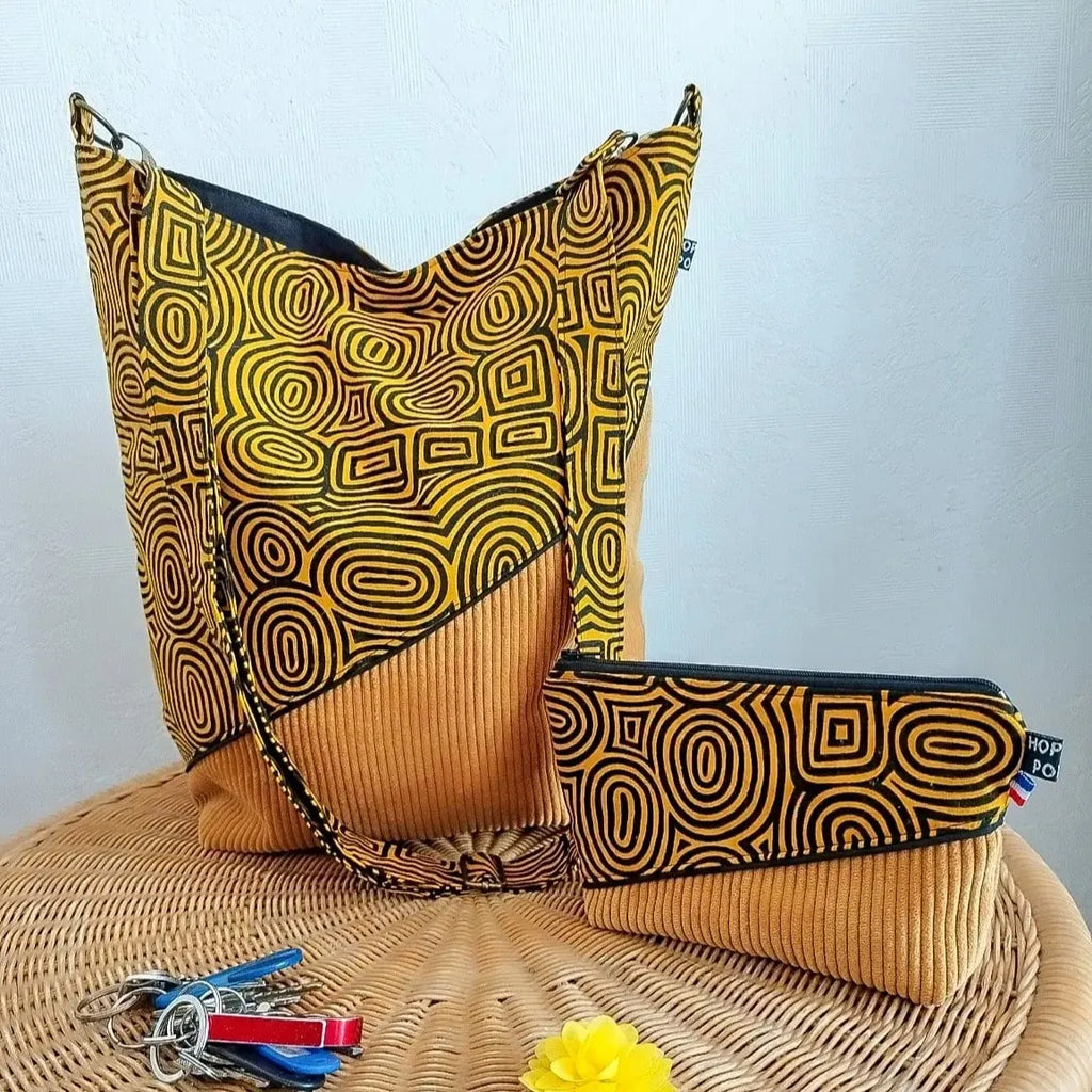 Sac bandouliere jaune - Velours côtelé et tissu Wax