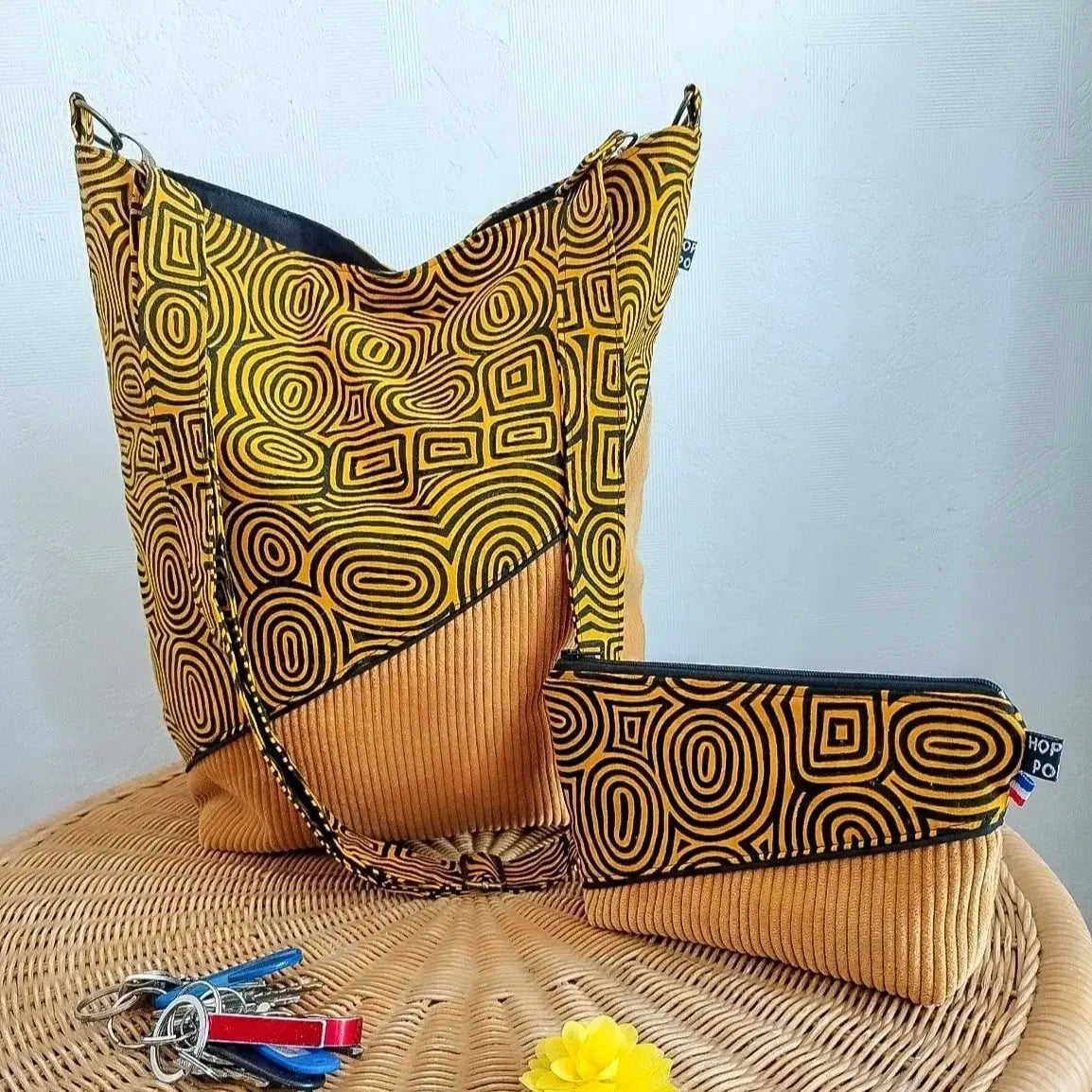 Sac bandouliere jaune - Velours côtelé et tissu Wax