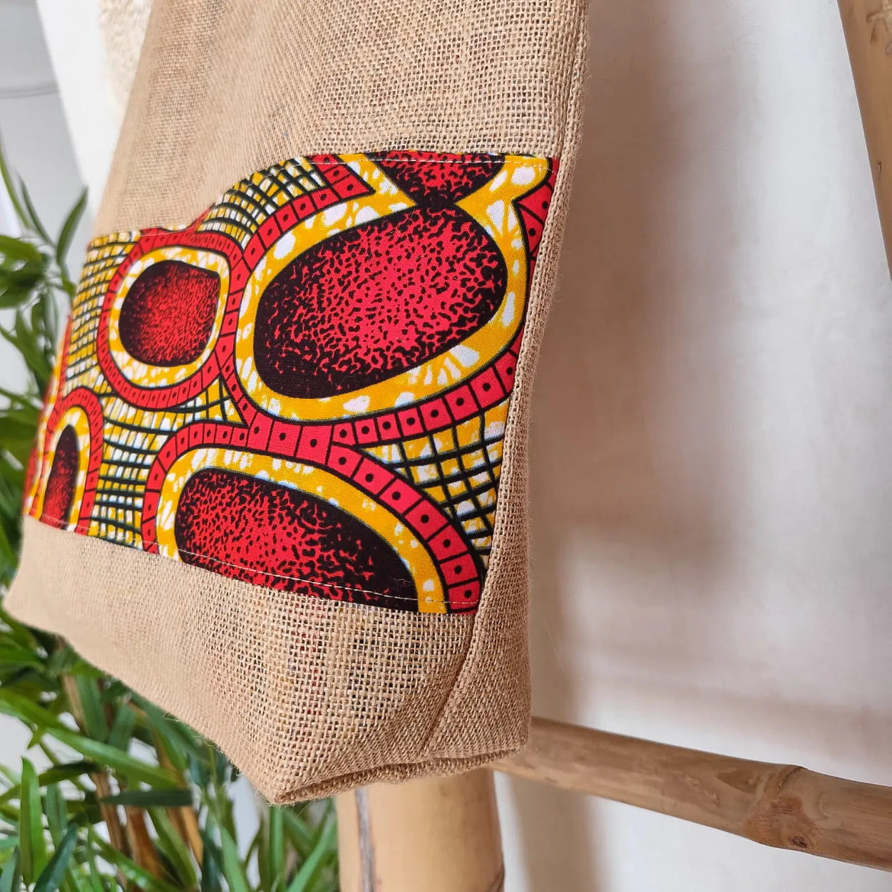 Sac Cabas toile de jute et tissu Wax rouge et jaune - Fait main