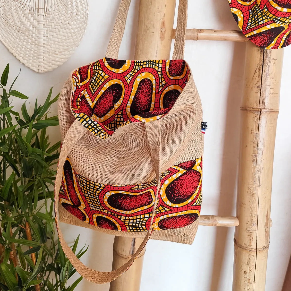 Sac Cabas toile de jute et tissu Wax rouge et jaune - Fait main
