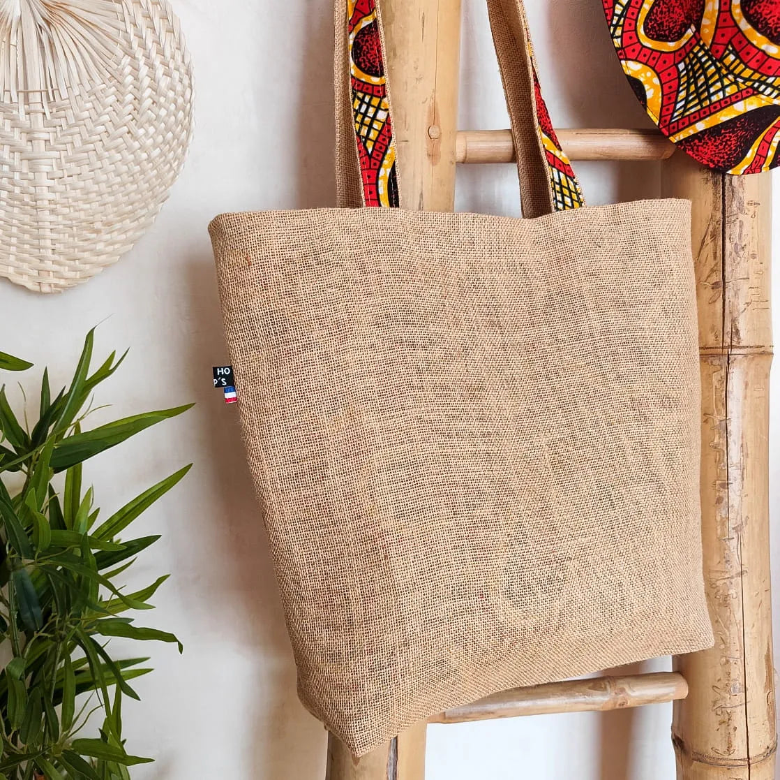 Sac Cabas toile de jute et tissu Wax rouge et jaune - Fait main