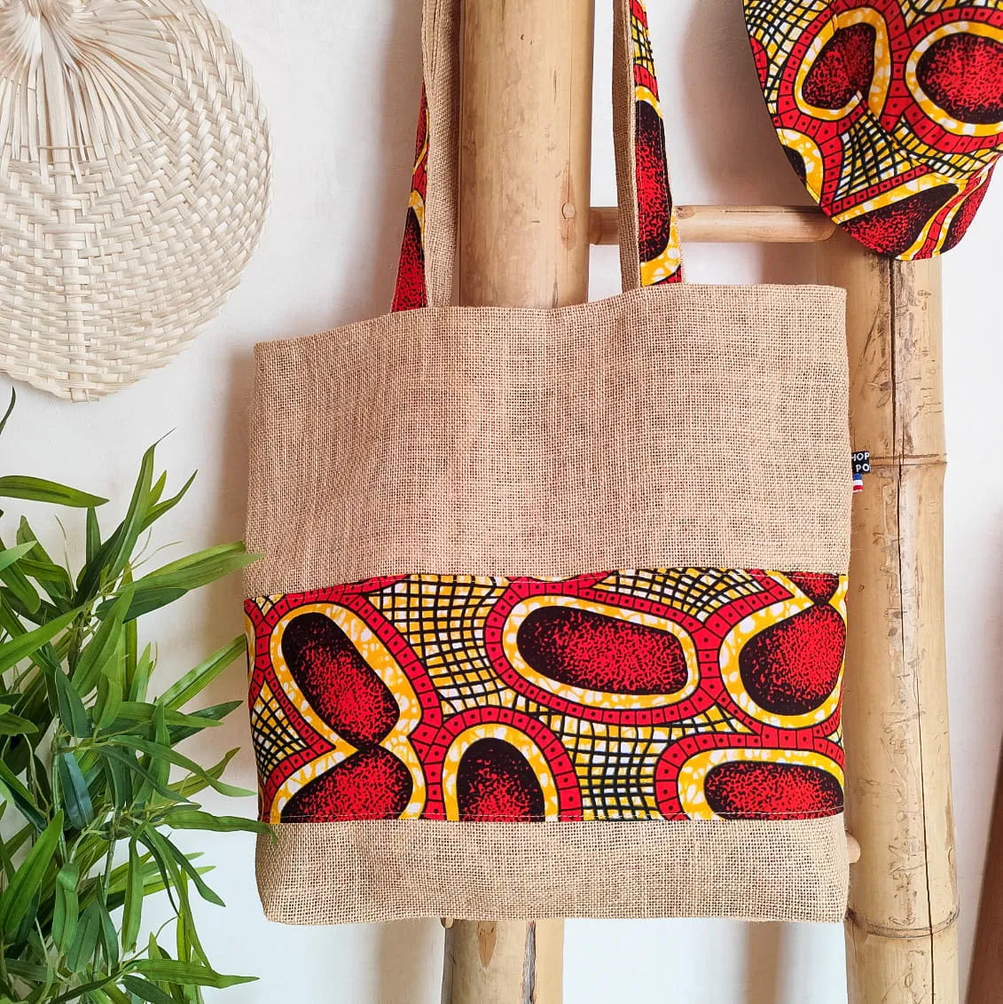 Sac Cabas toile de jute et tissu Wax rouge et jaune - Fait main
