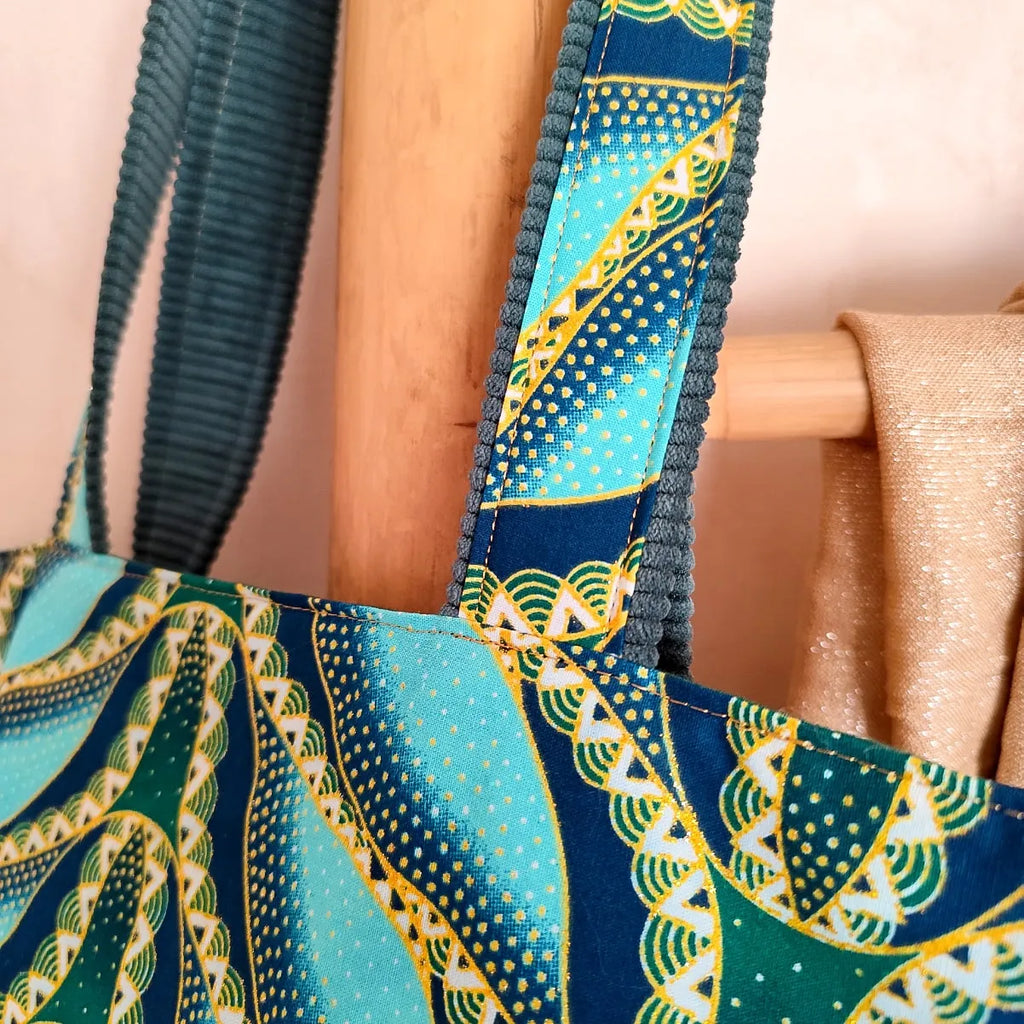 Sac cabas vert - Velours côtelé et tissu Wax pailleté