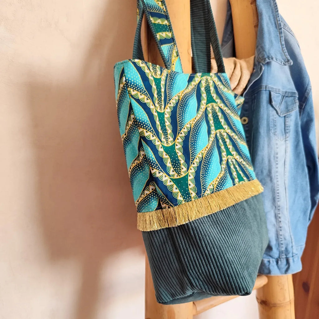 Sac cabas vert - Velours côtelé et tissu Wax pailleté
