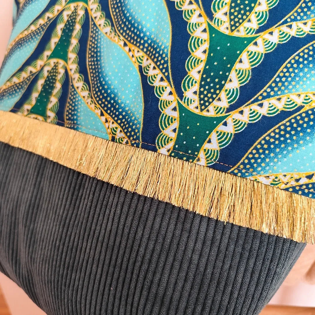 Sac cabas vert - Velours côtelé et tissu Wax pailleté
