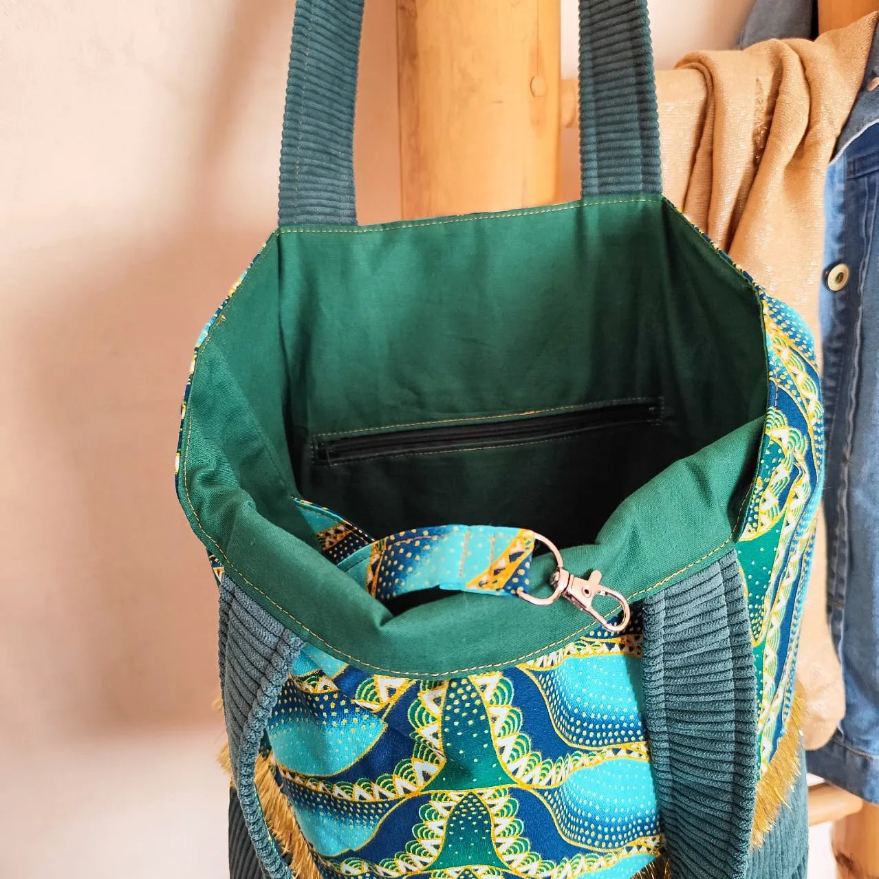 Sac cabas vert - Velours côtelé et tissu Wax pailleté