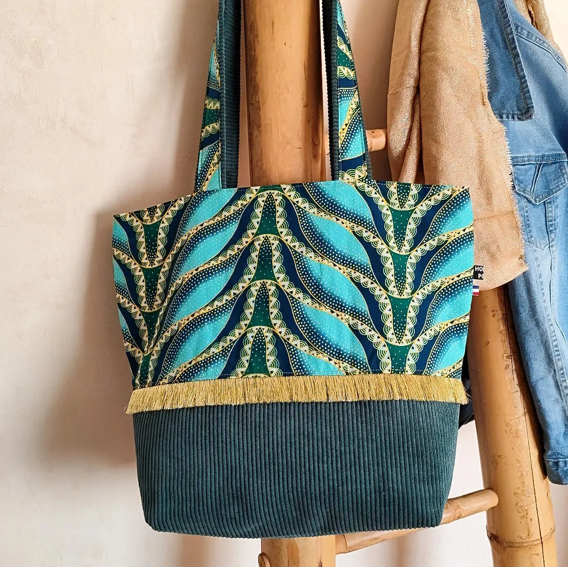 Sac cabas vert - Velours côtelé et tissu Wax pailleté