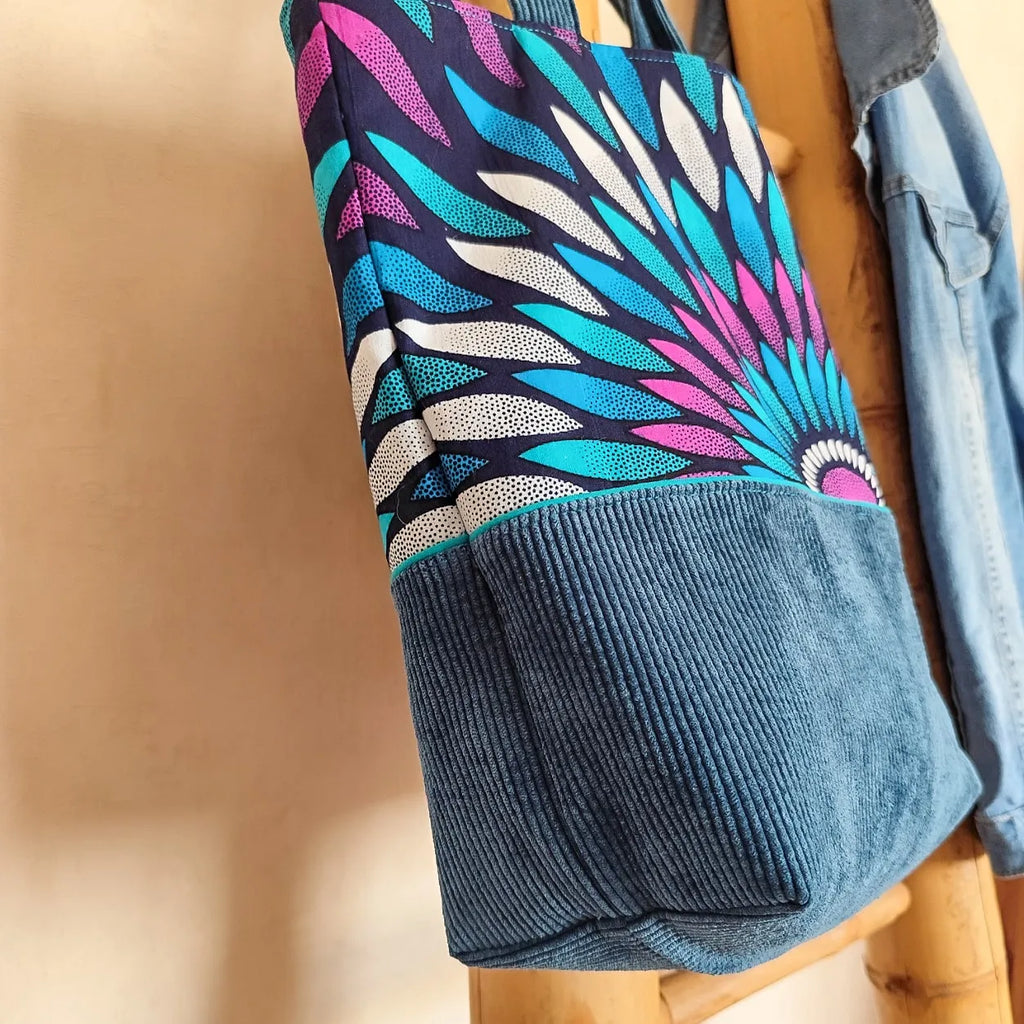 Sac Cabas Femme - Velours côtelé "bleu canard" et Tissu Wax