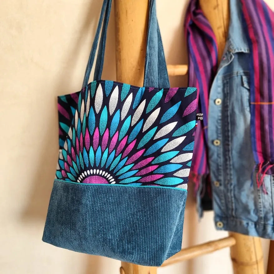 Sac Cabas Femme - Velours côtelé "bleu canard" et Tissu Wax