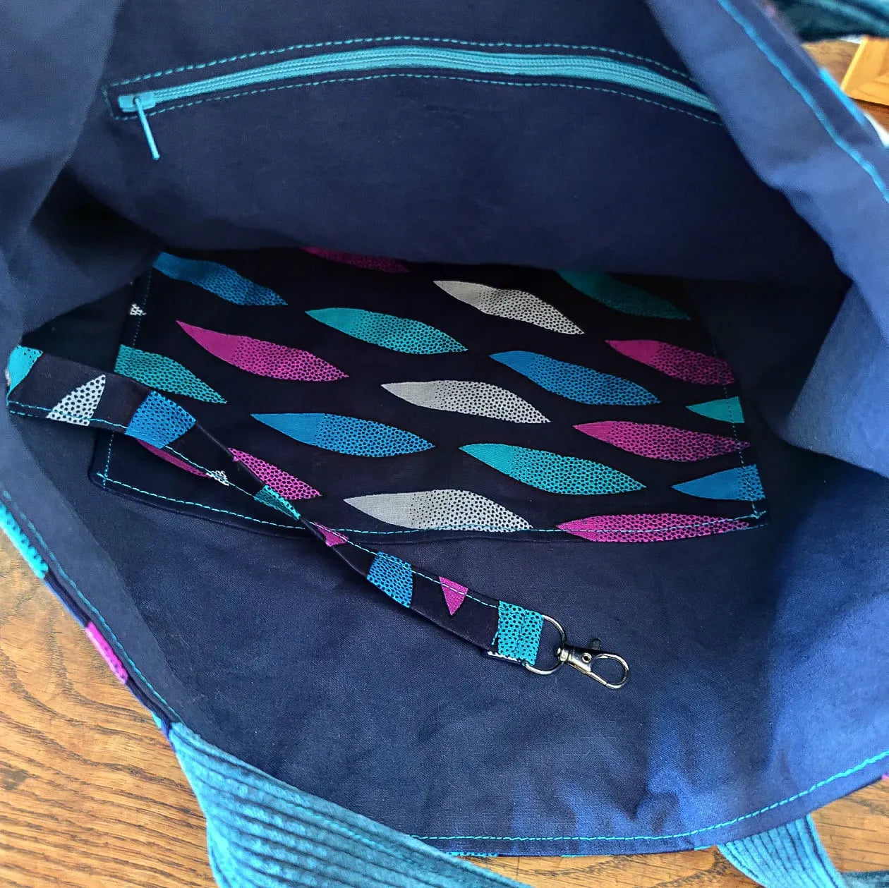 Sac Cabas Femme - Velours côtelé "bleu canard" et Tissu Wax