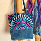 Sac Cabas Femme - Velours côtelé "bleu canard" et Tissu Wax