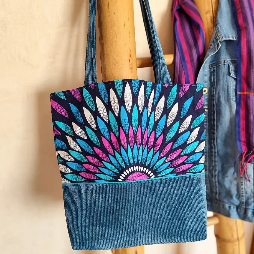 Sac Cabas Femme - Velours côtelé "bleu canard" et Tissu Wax
