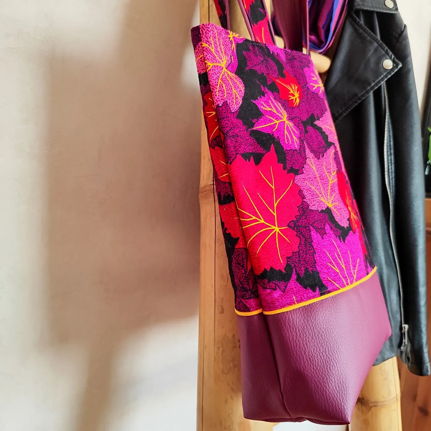 Sac cabas violet - Simili cuir et tissu Wax