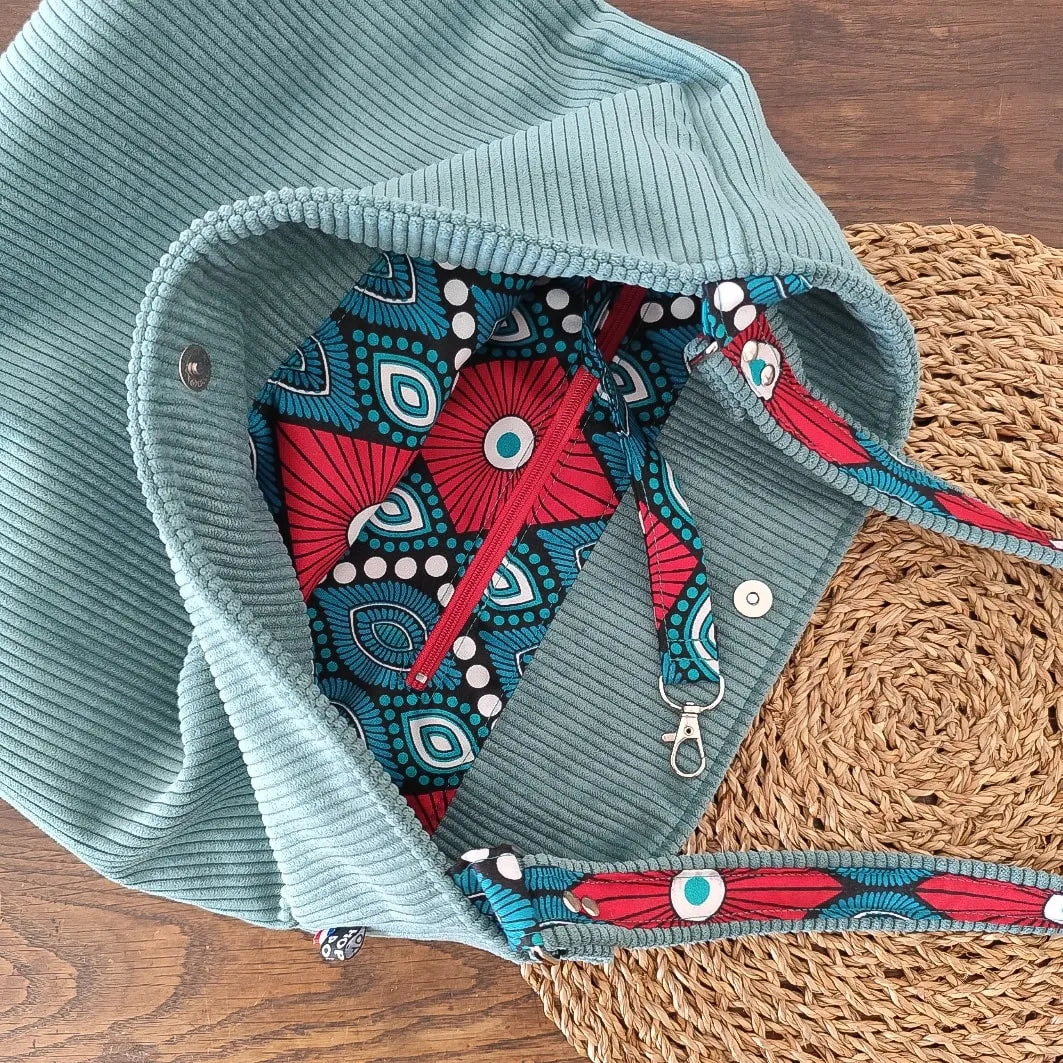 Sac Fourre-tout velours côtelé vert "Lagon" et intérieur Wax