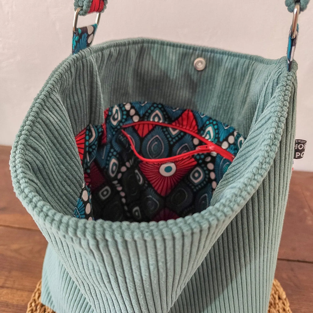 Sac Fourre-tout velours côtelé vert "Lagon" et intérieur Wax