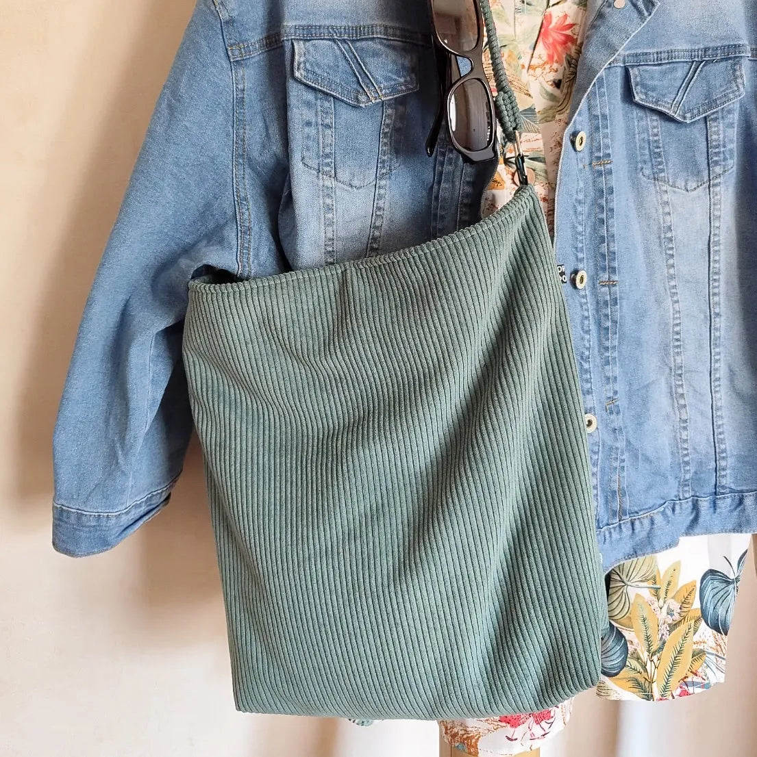 Sac Fourre-tout velours côtelé vert "Lagon" et intérieur Wax