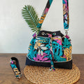Sac Seau en suédine noire et tissu Wax motif Tropical - Fait main en France