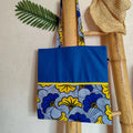 Sac en tissu Tote bag bleu et Wax Fleurs de Mariage - Fait main en France